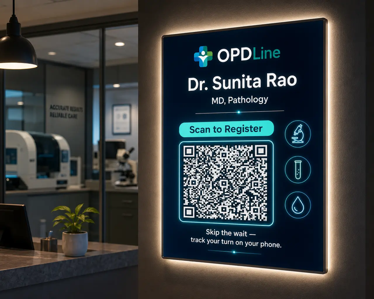 Backlit OPDLine QR-code board on the corridor wall of a diagnostics centre
