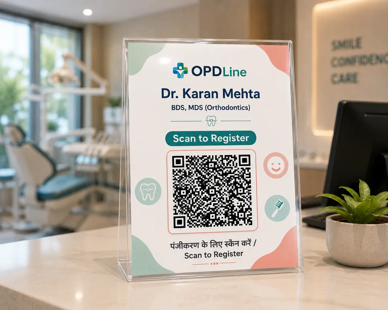 OPDLine QR-code standee on the counter of a dental clinic reception