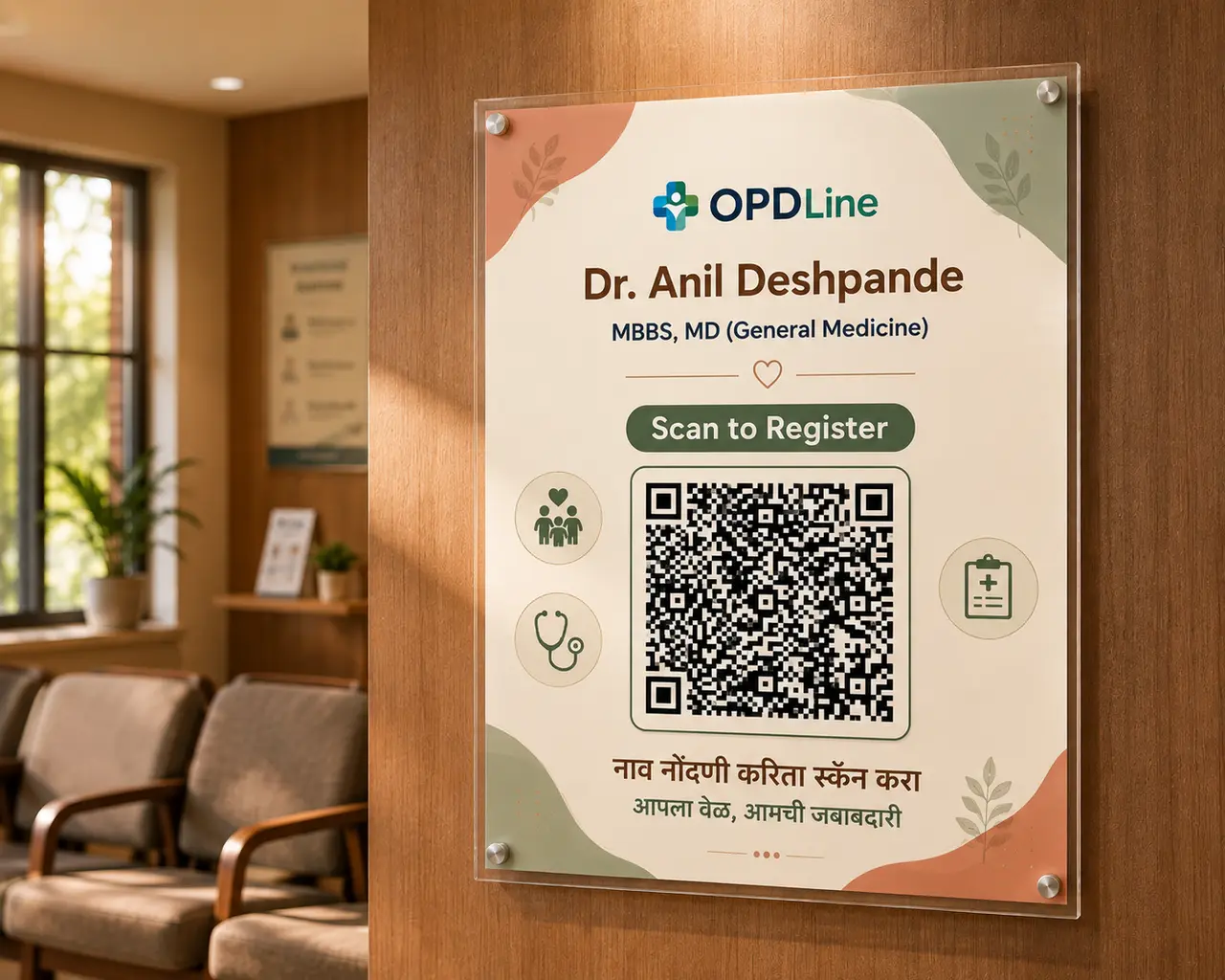 Wall-mounted OPDLine QR-code sign by the door of a general physician's clinic