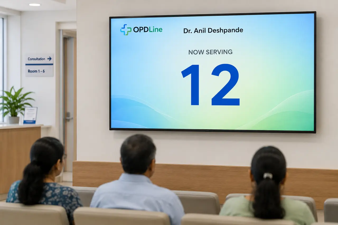 Patients watching a wall-mounted TV in a clinic waiting room as the OPDLine display shows 'Now Serving 12'
