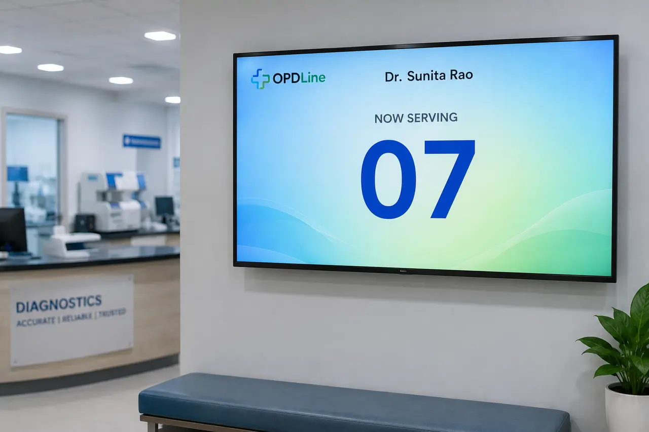 A TV on the waiting-area wall of a diagnostics centre showing the OPDLine 'Now Serving 07' screen