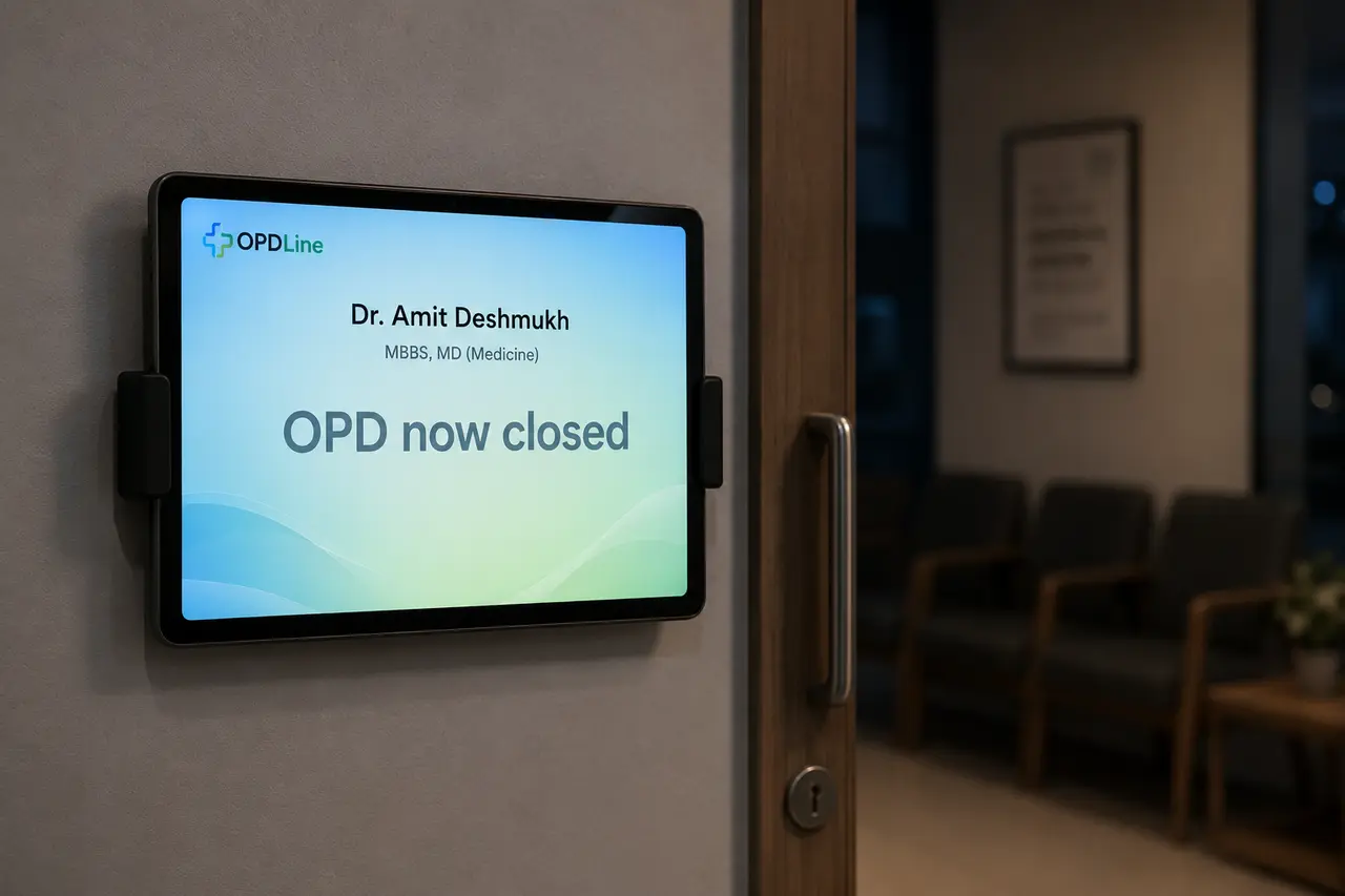 A wall-mounted tablet by a consulting-room door showing the OPDLine 'OPD now closed' screen