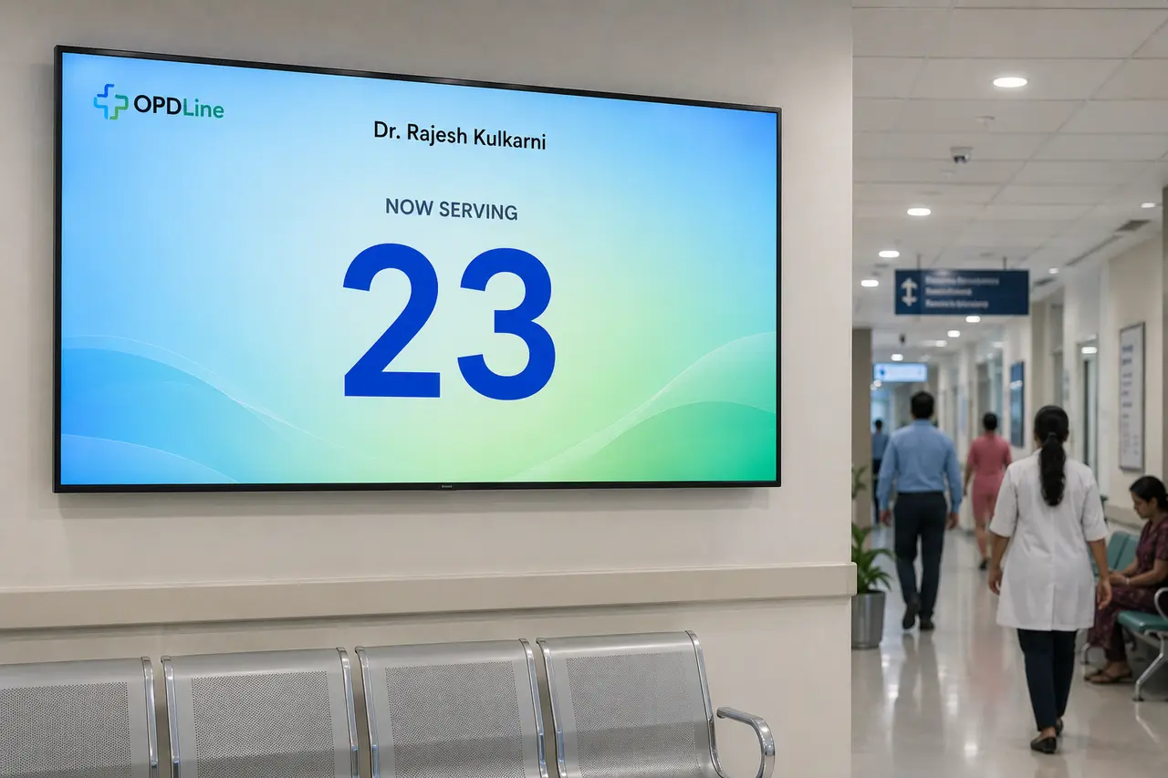 A large TV in a busy hospital corridor showing the OPDLine 'Now Serving 23' screen