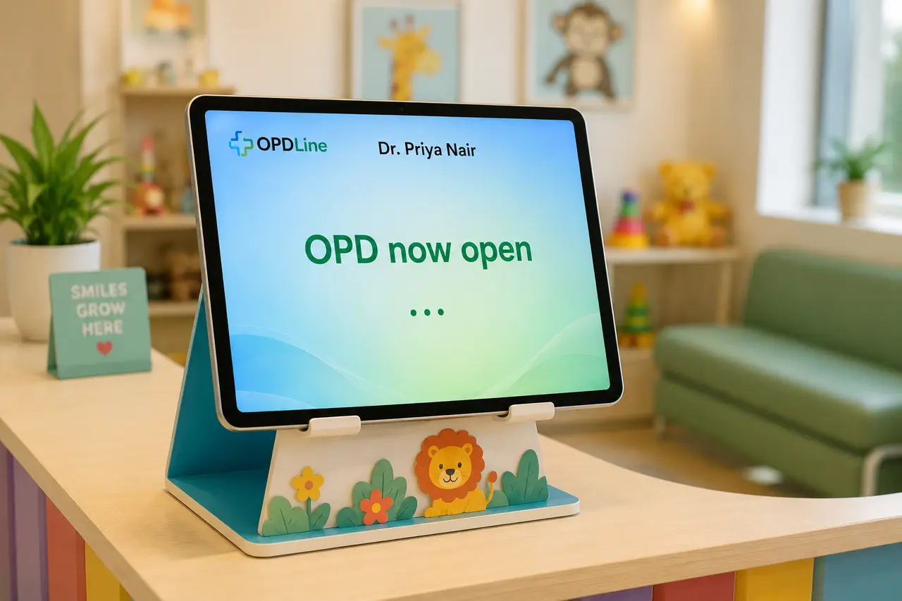 A tablet on a stand at a children's clinic front desk showing the OPDLine 'OPD now open' screen