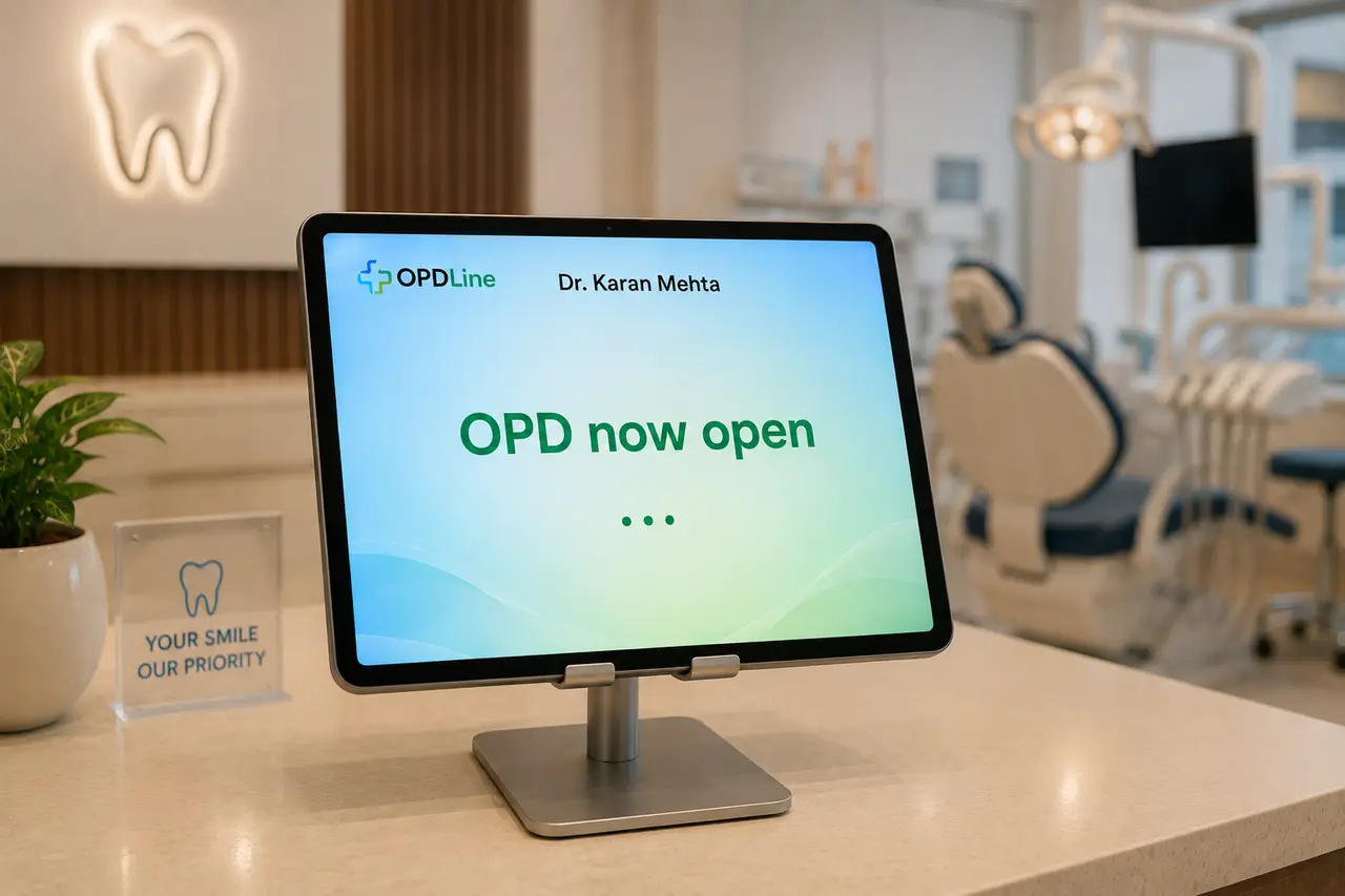 A tablet on a desk stand at a dental clinic showing the OPDLine 'OPD now open' screen
